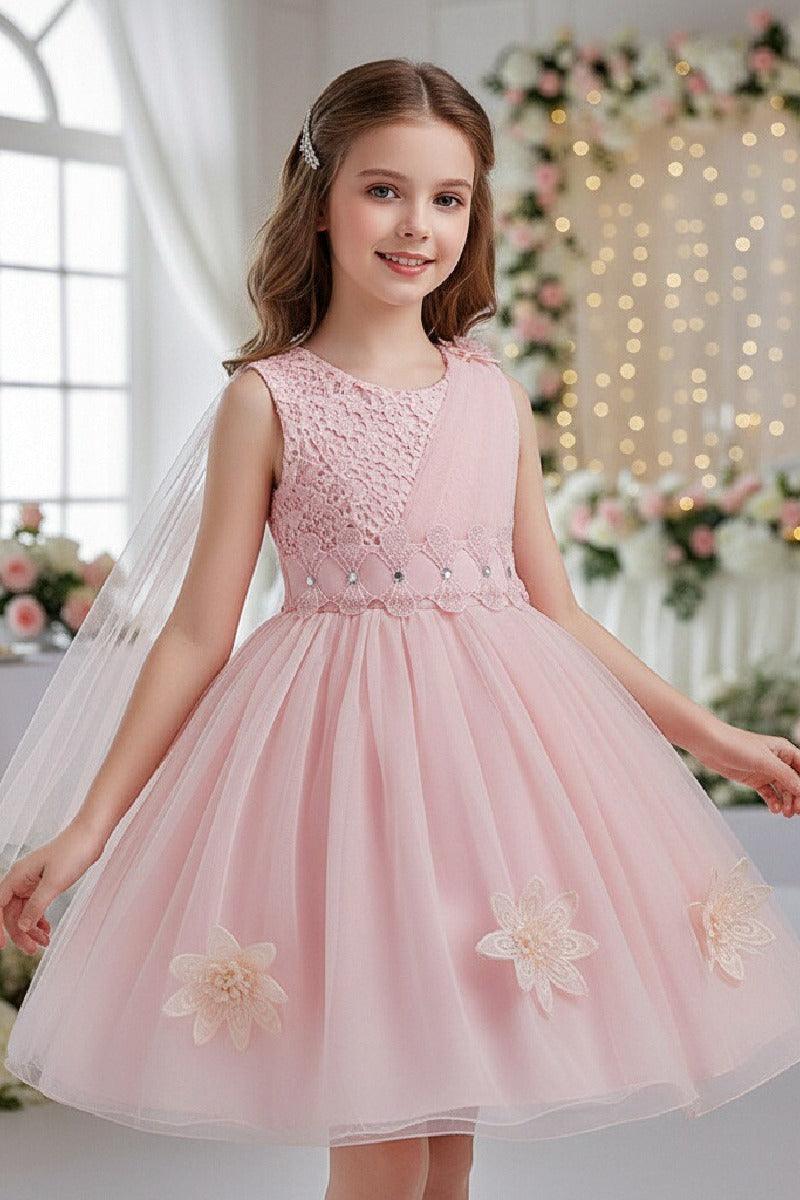 A-Line Asymmetric Single Tulle Scoop Neck Knee Length Flower Girl Dresses 1031495780881 - 7 Days / Light Pink / 110cm - COCOMELODY